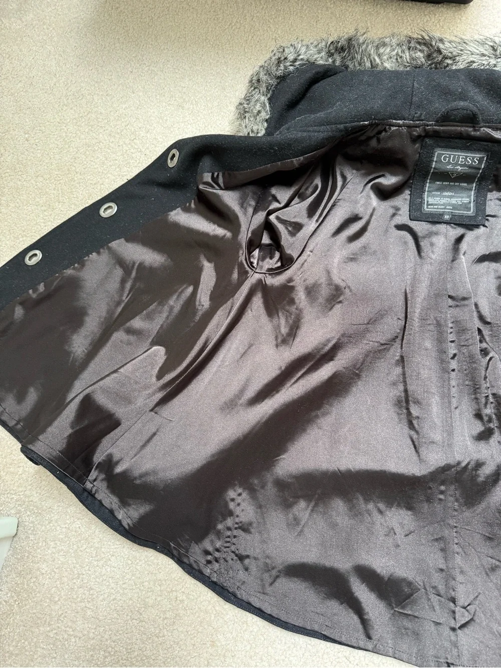 GUESS Black Wool Blend Winter Coat with Faux Fur Trim - Size XS